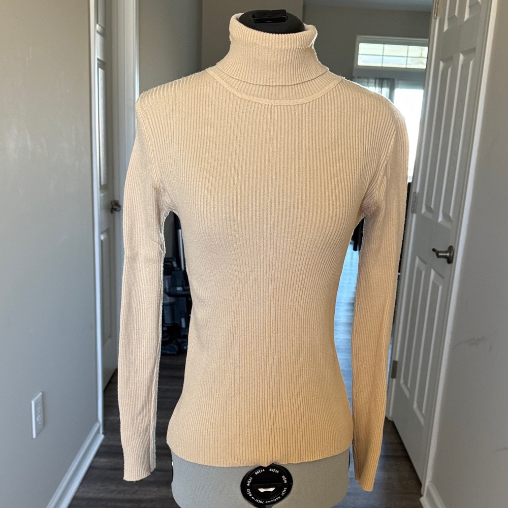 Beige Ribbed Turtleneck Sweater